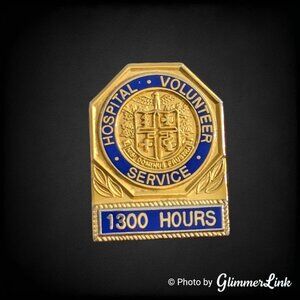Vintage Hospital Volunteer Service Pin Blue Enamel Gold Tone 1300 Hours Award